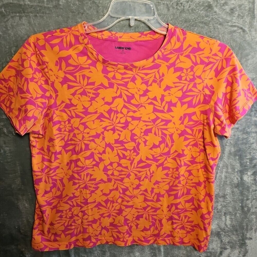 Lands' End Women's Size M Top Orange Pink Yellow Floral Cap Sleeve Cotton